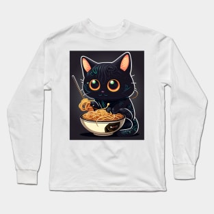 Cute Chibi Anime Manga Black Cat Ramen Lover Long Sleeve T-Shirt